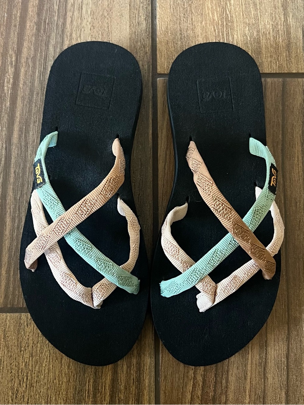 Teva Black Sandals with Mint and Beige Crossed Straps